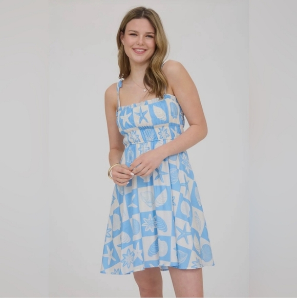 🩵⭐🐚 NWOT Blu Pepper Starfish Seashell Checker Dress - Picture 2 of 5